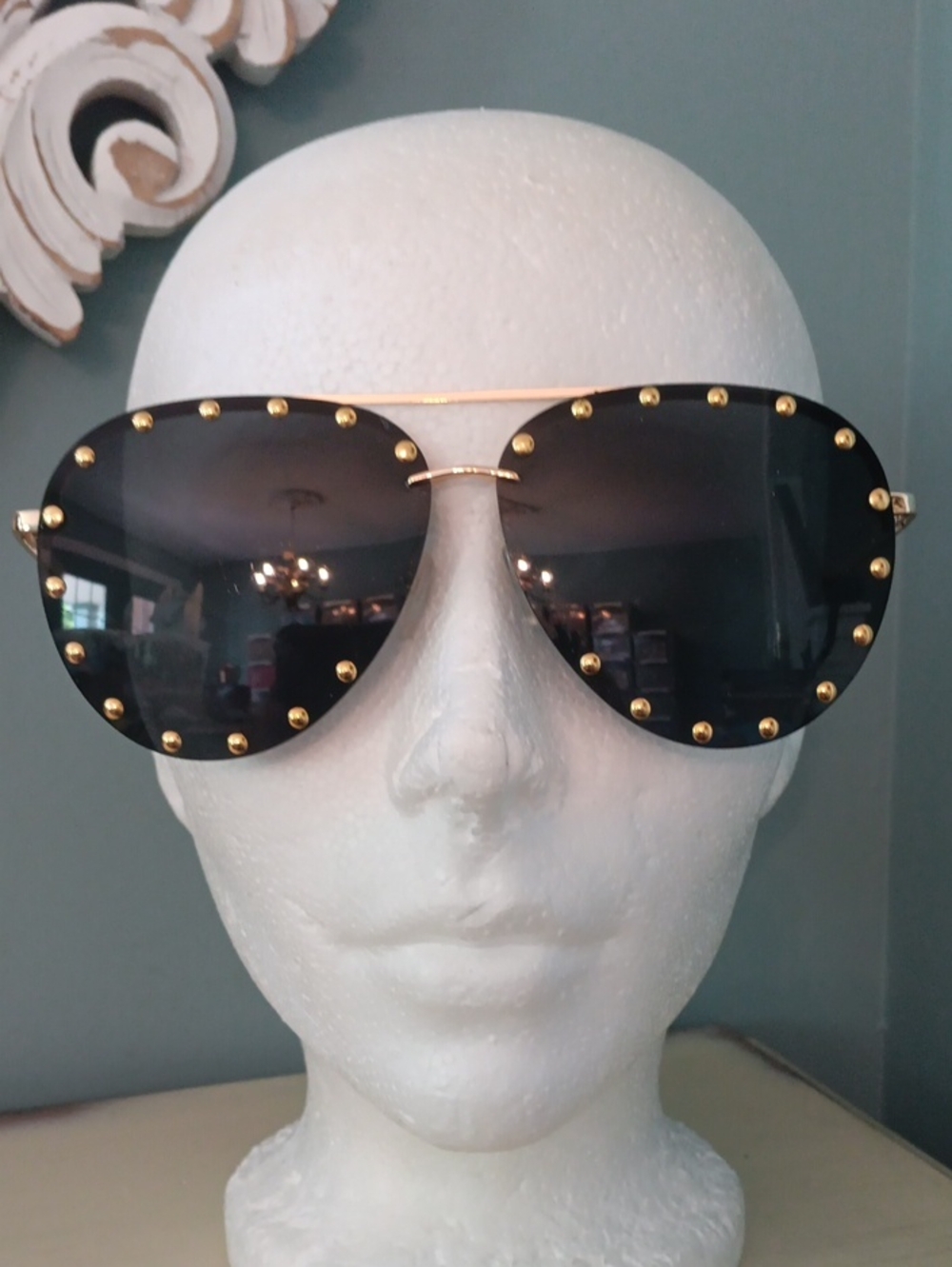 % Gold Aviator Sunglasses with Stud Details and Black Lenses